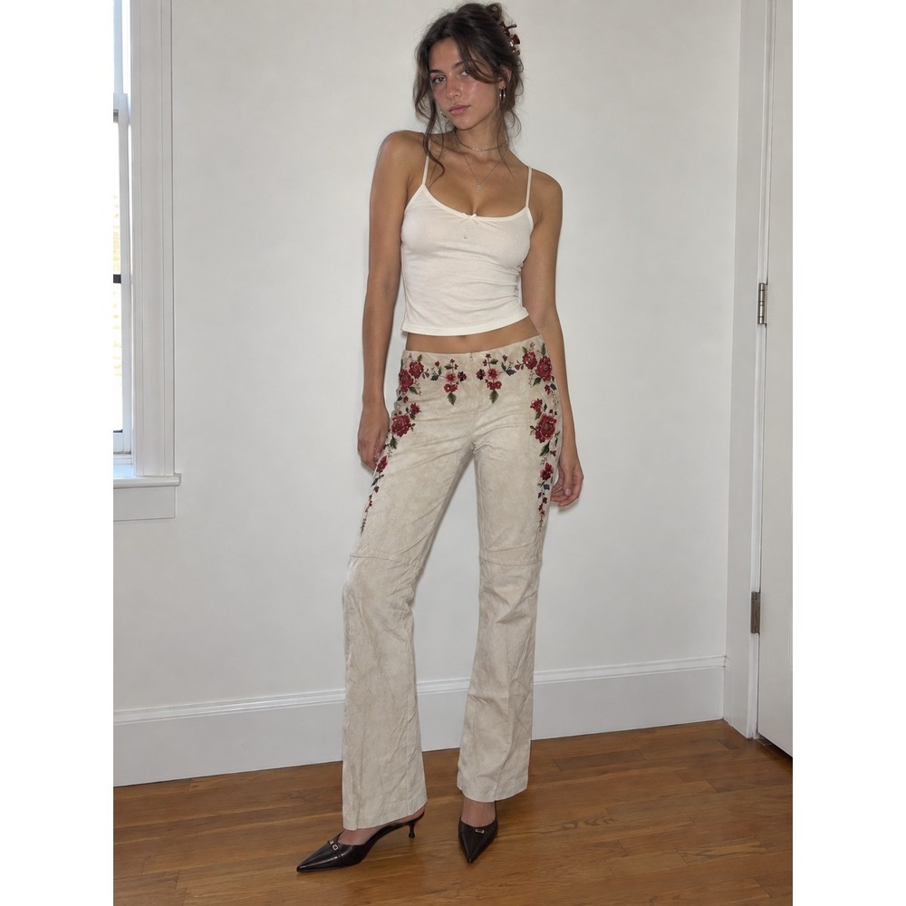 Vintage Y2K Floral Embroidered Deadstock Soleil De Mandalay Suede Pants